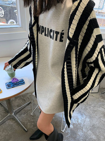 Knit Contrast Color Stripe Hooded Cardigan