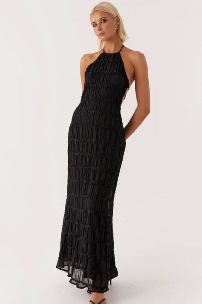 Backless Ruched Pleated Maxi Dress
