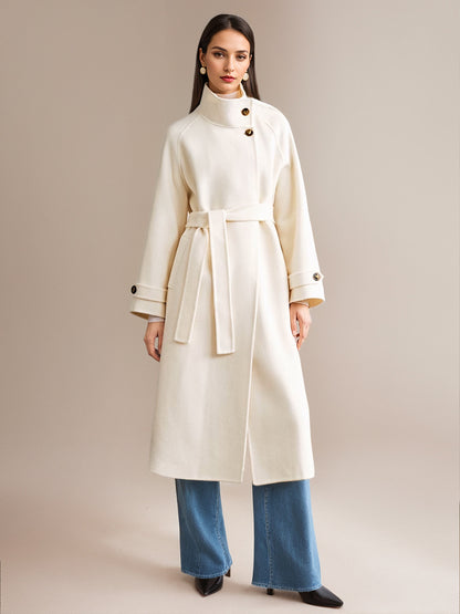 White Wool Cashmere Blend Coat Stand Collar Double-Faced Belted Winter Outerwear For Women 2026