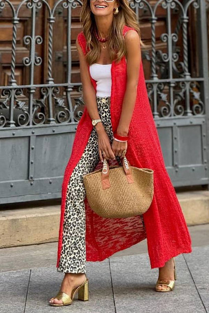 Coral Red Long Knitted Vest
