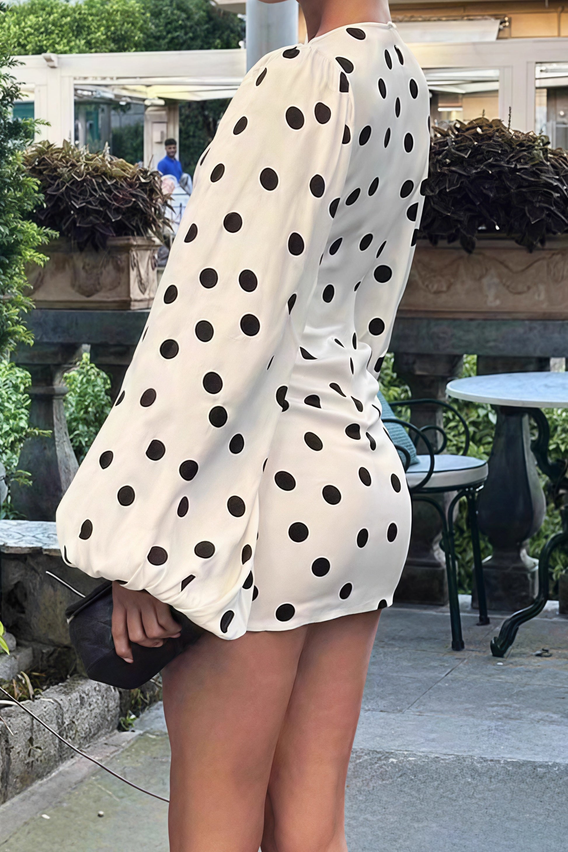 Polka Dot Deep V-Neck Balloon Sleeve Cinched Waistband Bodycon Mini Dress