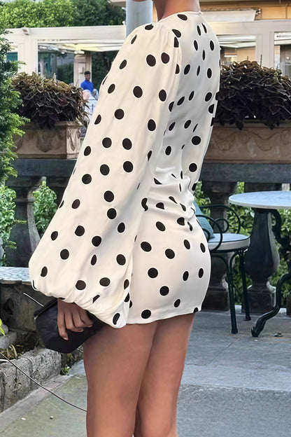 Polka Dot Deep V-Neck Balloon Sleeve Cinched Waistband Bodycon Mini Dress
