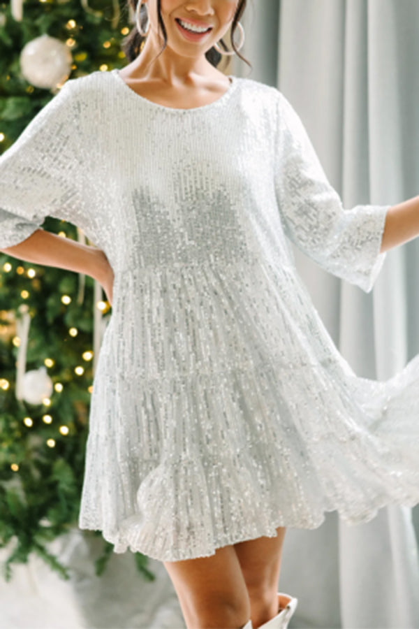Silvery Party Sequin Half Sleeve Round Neck Mini Dress