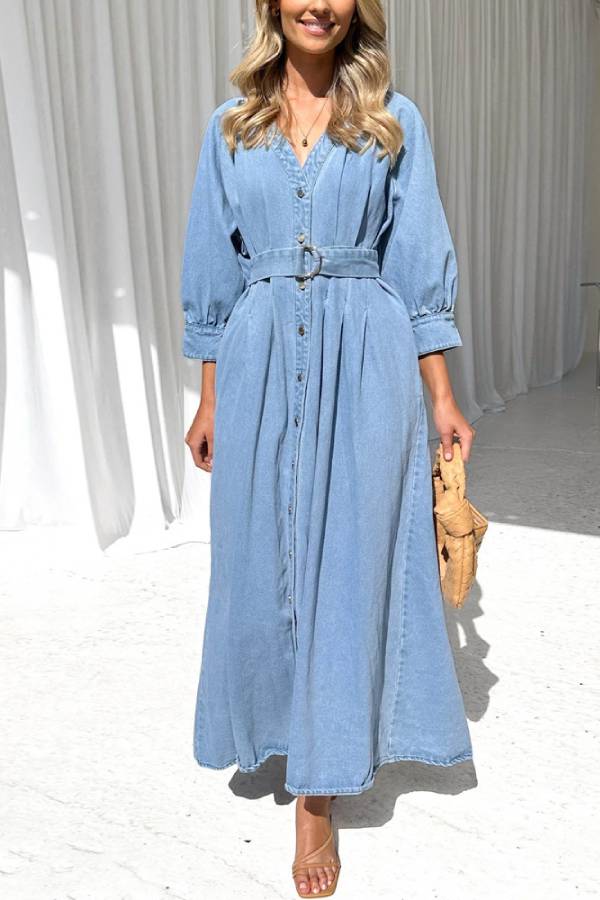 Waist casual button-down denim maxi dress