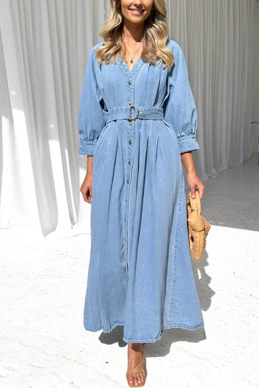 Waist casual button-down denim maxi dress