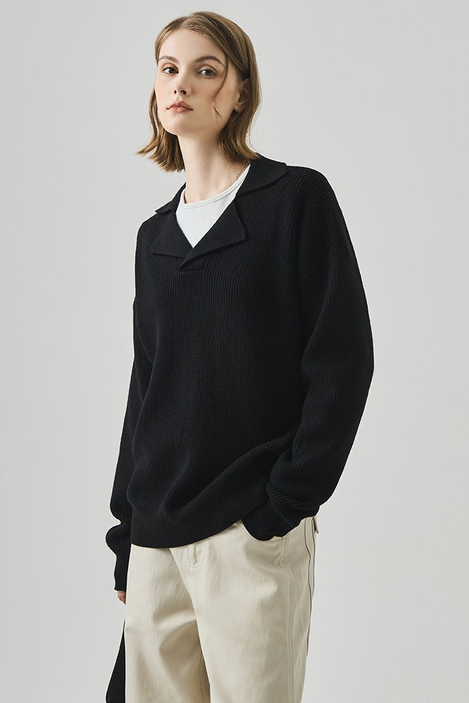 Oversized Lazy V-Neck Long-Sleeve Knit Top