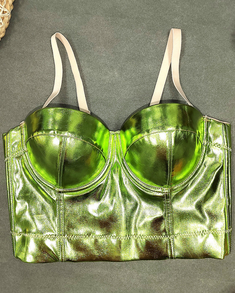 Fishbone Fluorescent Pu Leather Halter Top
