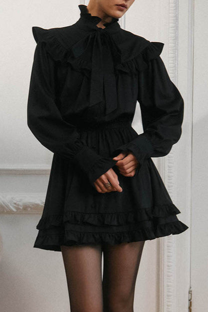 Bow Tie Ruffle Neck Long Sleeve Button Front Ruffled Hem Mini Dress