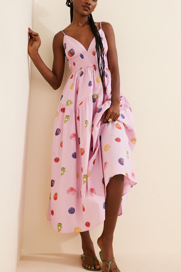 Lovely Summer Unique Color-Block Fruit Stripe Print Smocked Waist Maxi Dress