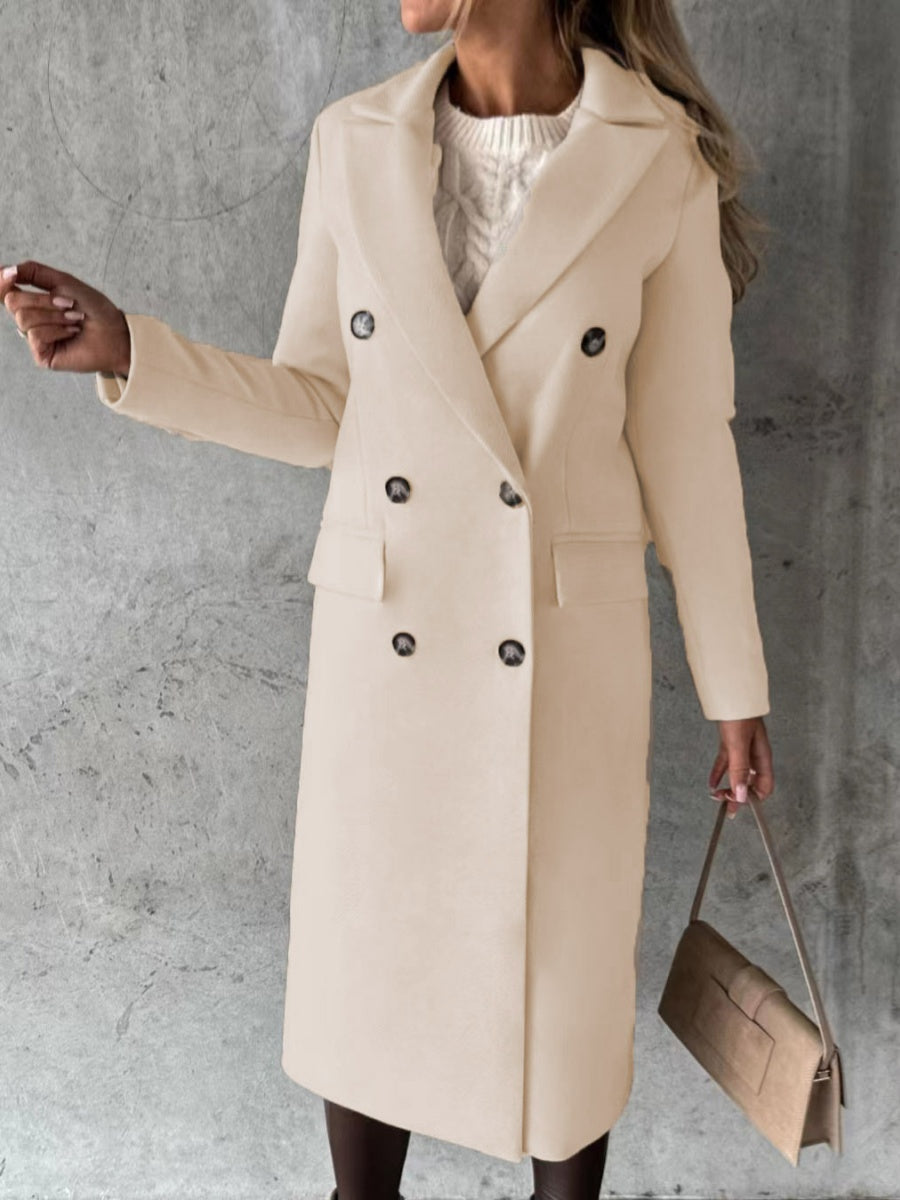 Long Sleeves, Lapel, Solid Color, Double-breasted, Slim Fit Coats