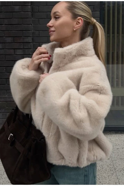 Stand Collar Faux Fur Cropped Jacket