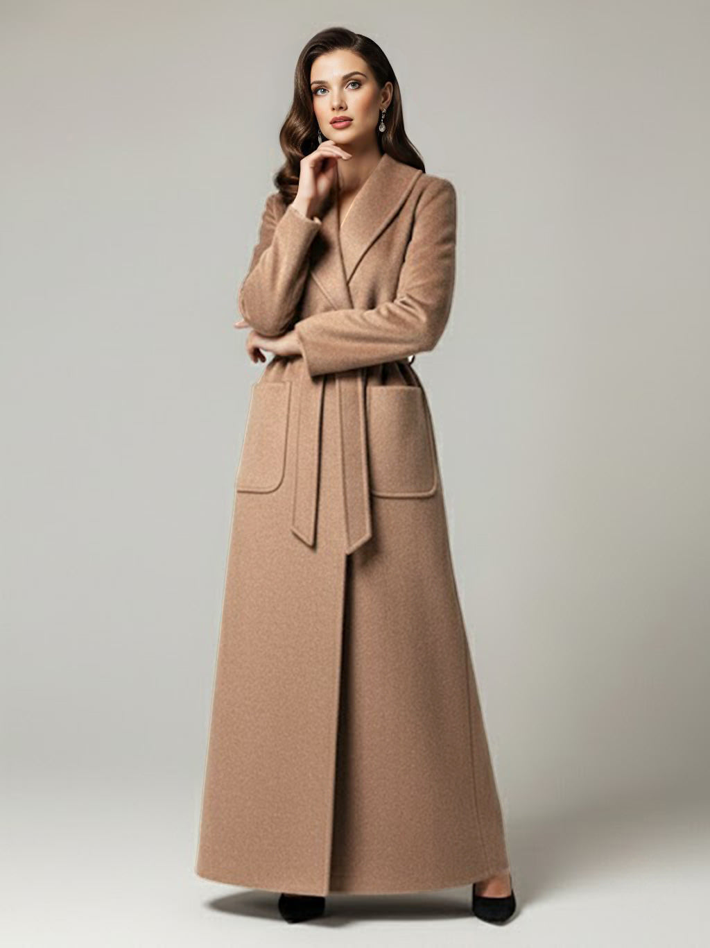 Belted Woolen Full-Length Maxi Coat With Wide Shawl Collar For Women 2026