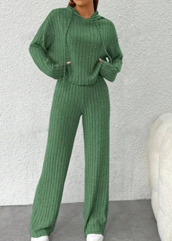 Striped Knit Long Hoodie and Pants Set