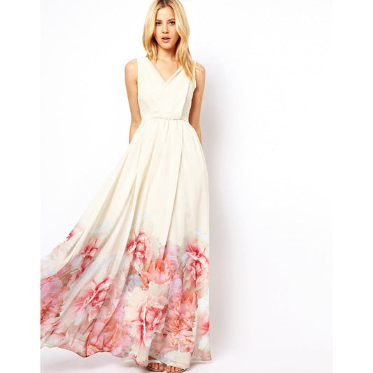 Surplice V-Neck Sleeveless Border Floral Print Pleated Chiffon Maxi Dress