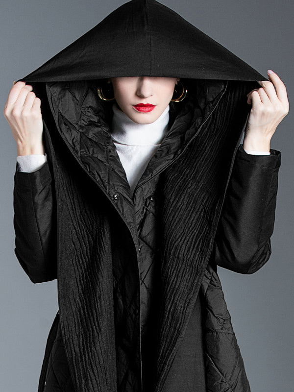Black Down Coat Hooded Belted Long Winter Outerwear For Women