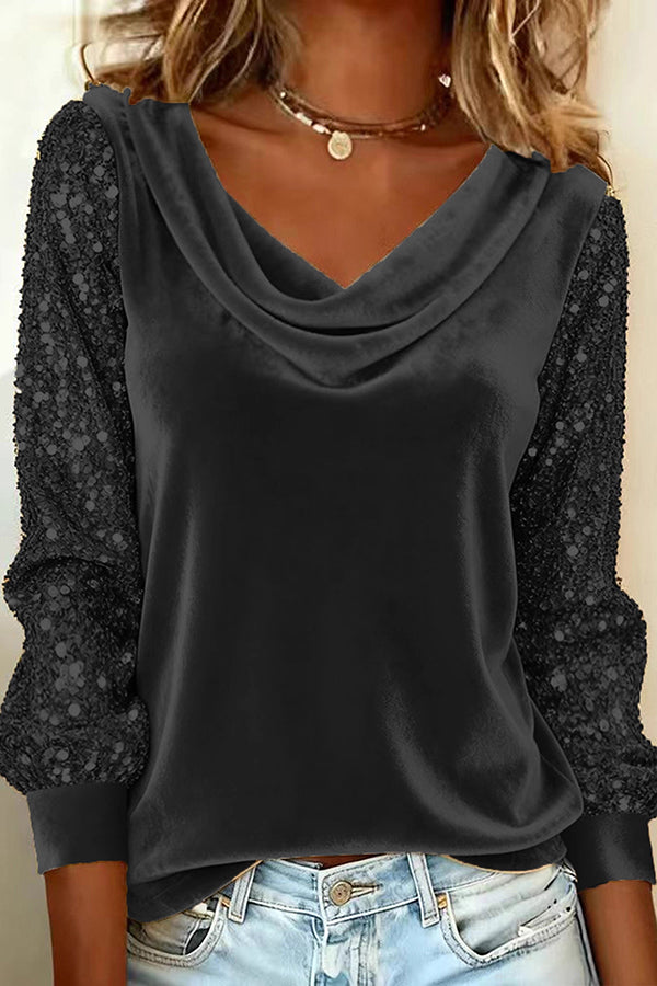 Stylish Velvet Sequin Patchwork Long-sleeved Casual Top