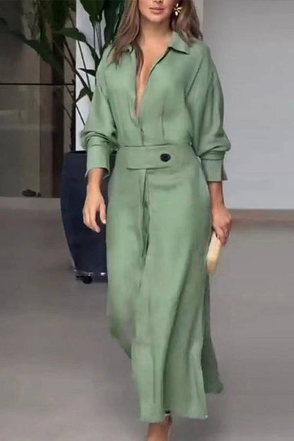 Full-Sleeve V Neck Belt Button Pocket Midi Dress