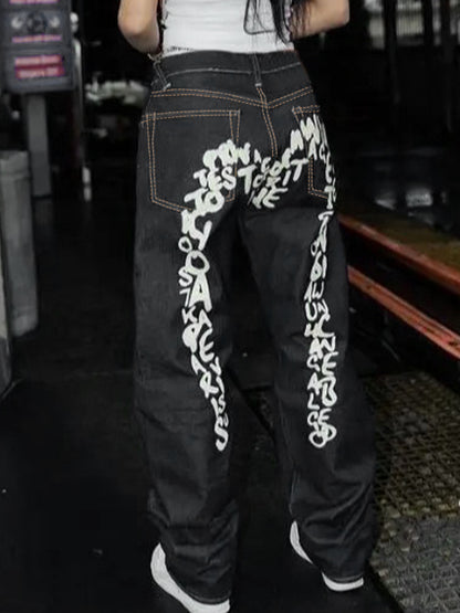 Hip Pop Letter Print Boyfriend Jeans