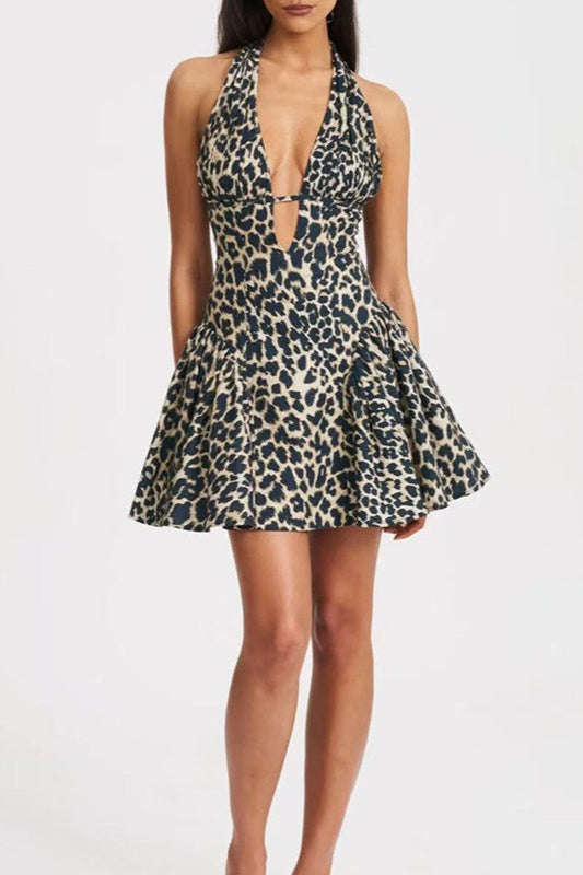 Print Halter Neck Deep V-Neck Fit and Flare Mini Dress