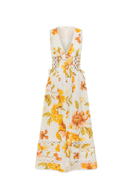 Clover Linen Blend Floral Print Cutout Trim Button Up Side Lace-up Maxi Dress