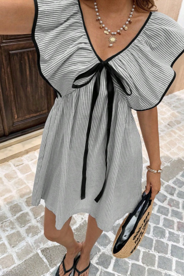 Pinstripe V-Neck Ruffle Flounce Collar Flutter Sleeve Ribbon Bow Mini Dress