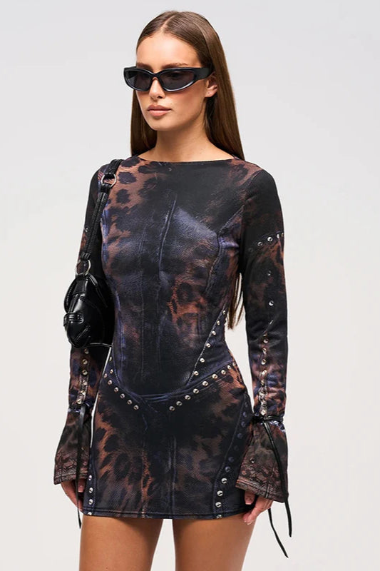 Studded Corset Print Graphic Bell Cuff Long Sleeve Mini Dress
