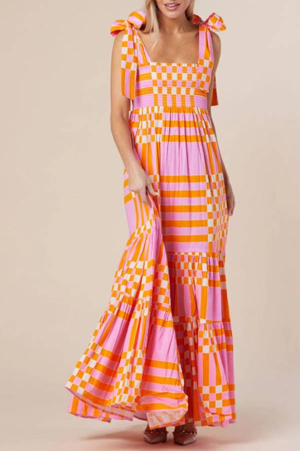 Pink Tie Strap Plaid & Striped Smocked Maxi Dress