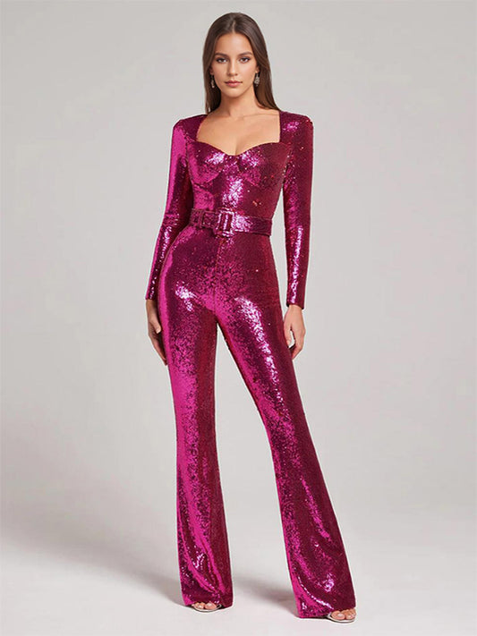 Sequins Jumpsuit Sweetheart Neck Long Sleeves Belted Sexy Playsuit