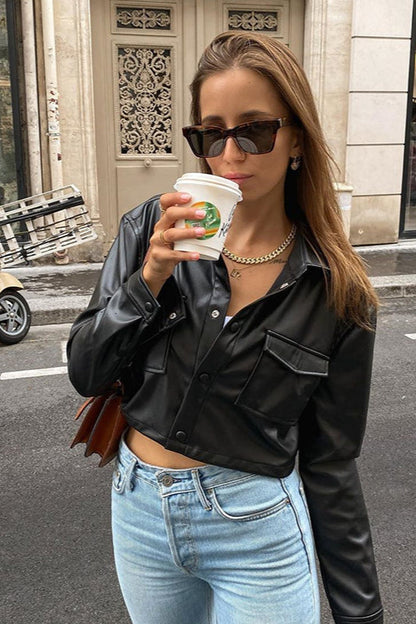 Trendy Cropped Faux Leather Coat