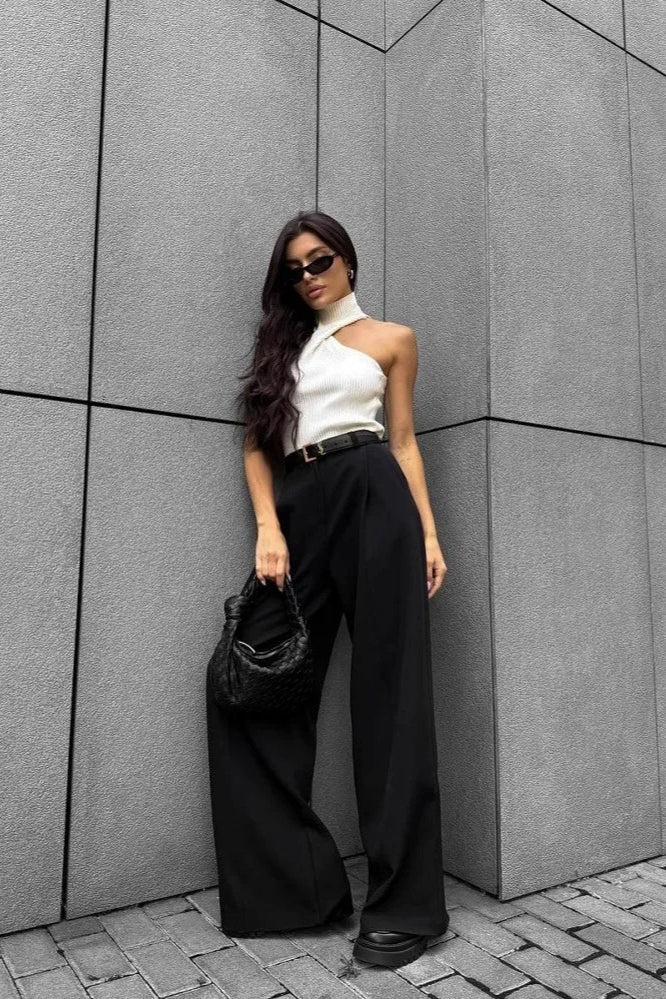 Wide Leg Buttoned Pleated Work Pant