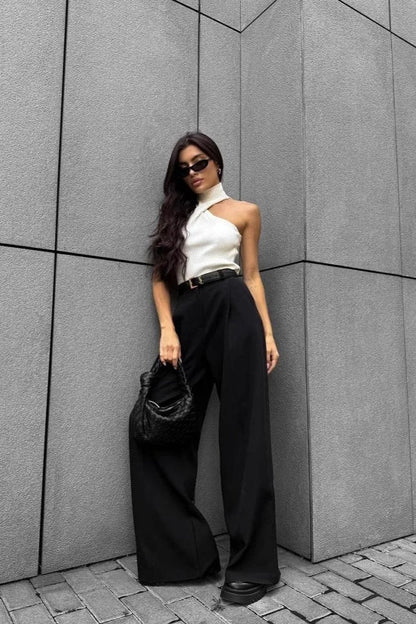 Wide Leg Buttoned Pleated Work Pant