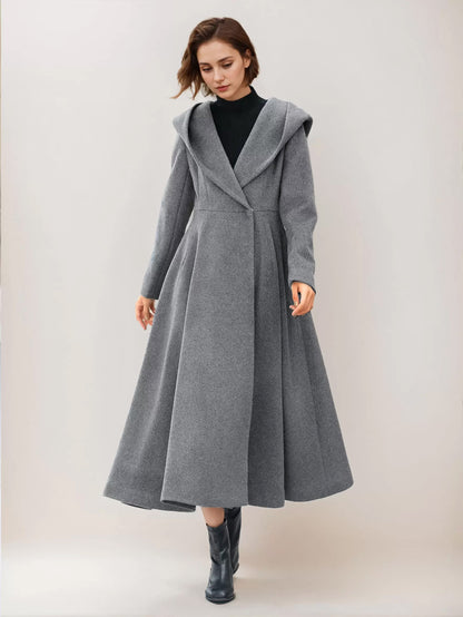 Flared Woolen Coat For Woman Hooded Gray Belted A-line Winter Long Outerwear 2026