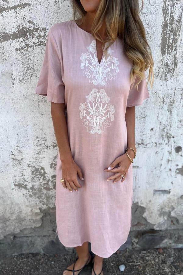 Bohemian Print Linen Loose Midi Dress