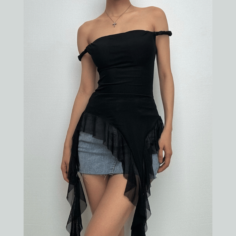 Off shoulder ruffle irregular mesh top