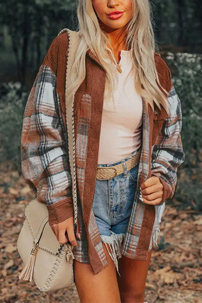 Meridress Button Up Corduroy Splice Plaid Shacket