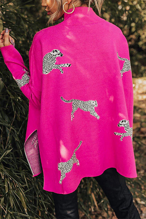 High Neck Side Slit Cheetah Pattern Sweater