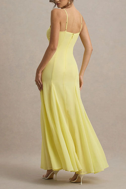 V Neck Adjustable Strap Bodycon Flare Maxi Dress