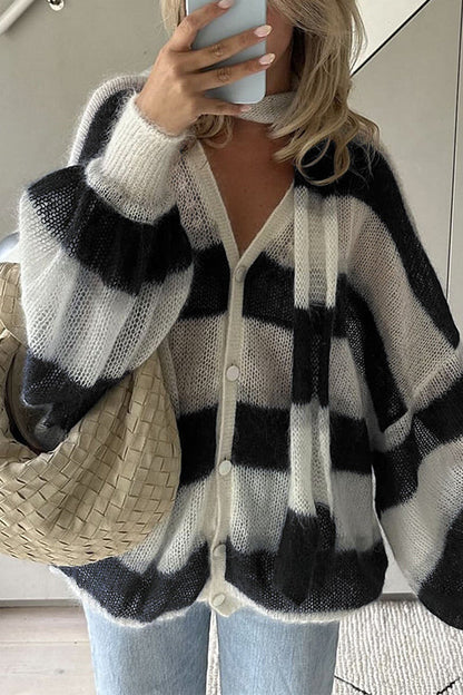 Lantern Sleeves Button Down Color Block Stripes Sweater with Scarf