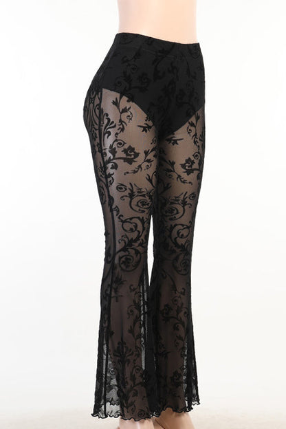 Elastic Waist Bell Bottomed Mesh Lace Pants