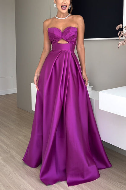 Strapless Lace-up High Slit Satin Maxi Party Dress