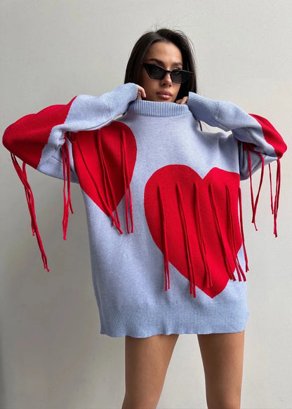 Stylish Red and Blue Heart Pullover - Fun and Flirty