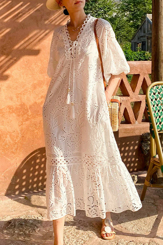 Embroidered Puff Sleeve White Maxi Dress