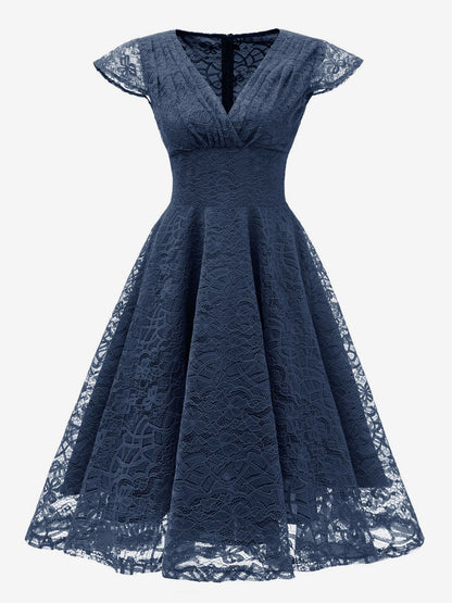 Vintage 1950s Midi Lace Dress for Women - V Neck Cap Sleeve A-line Cocktail Prom Gown - Wedding Guest Wear 2026