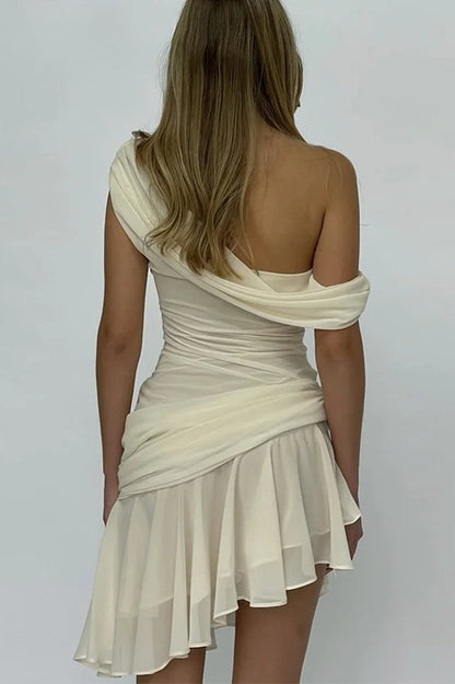 One-Shoulder Ruched Mesh Layered Flutter Asymmetrical Hem Mini Dress