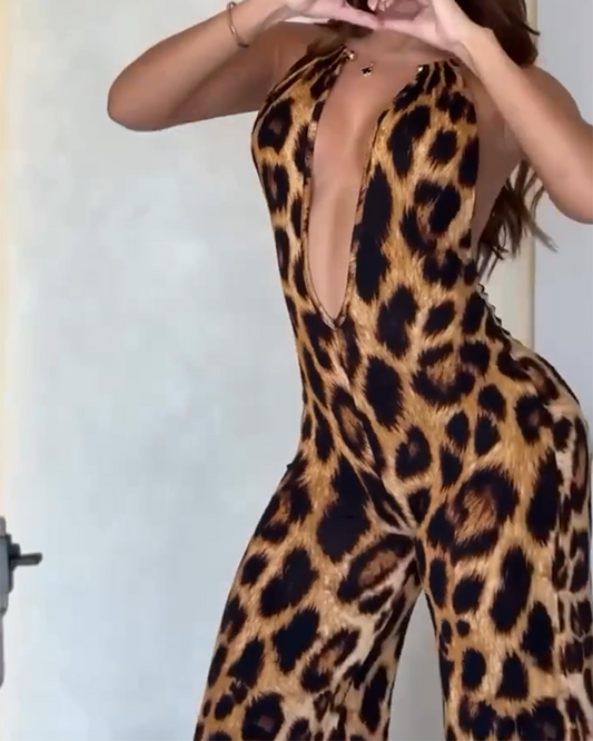 Leopard Print V-Neck Jumpsuit (Pre-Sale)