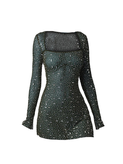 Sequins Rhinestone Semi See through Full Sleeve Short Dress