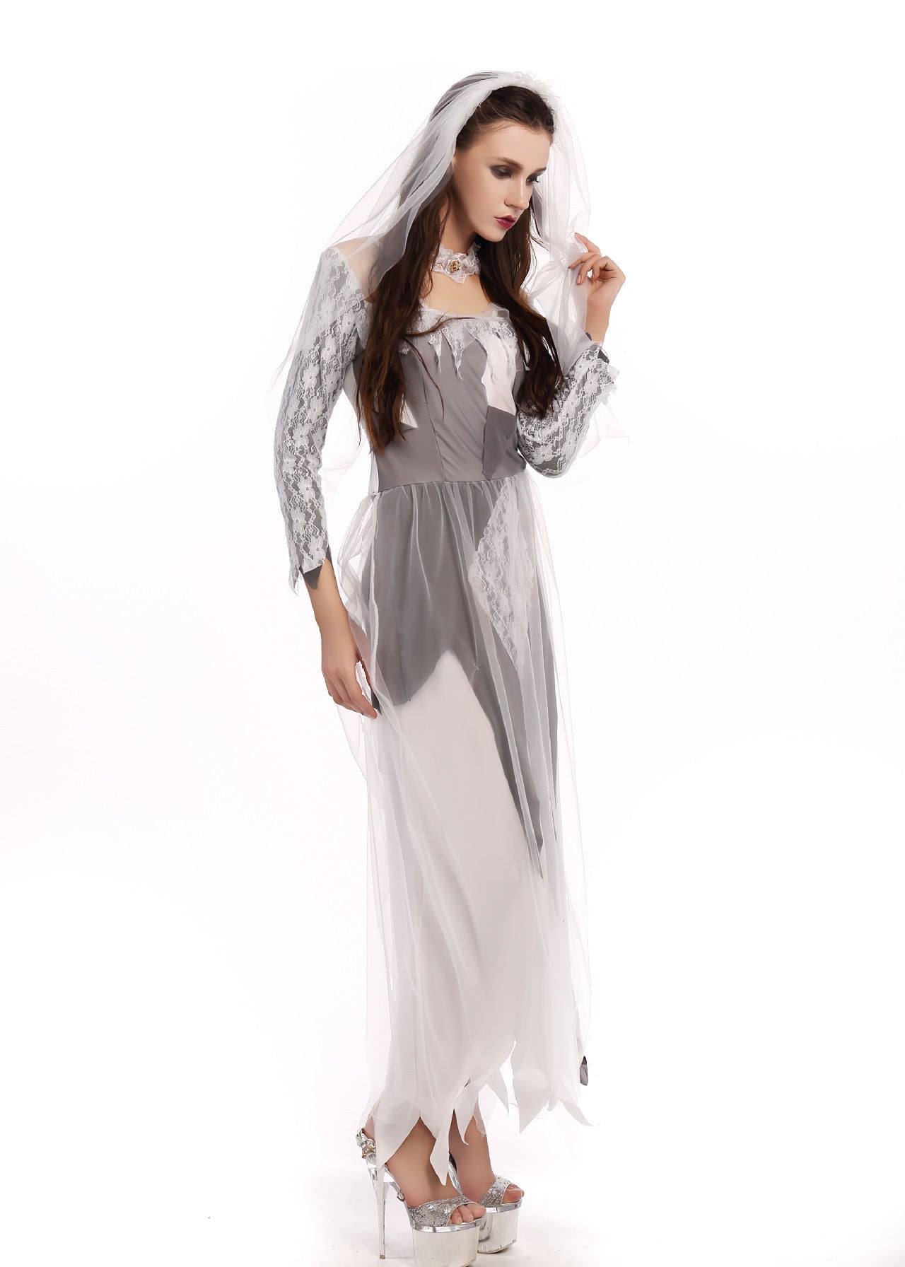 Ghost Bride Costume - Women’s Haunted Wedding Halloween Dress with Veil