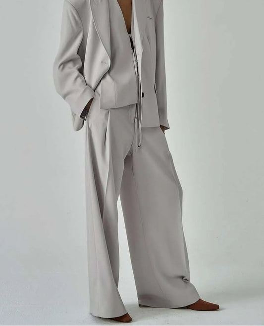 Grey Button Shirt Lace-Up Pants Office Two Piece Set