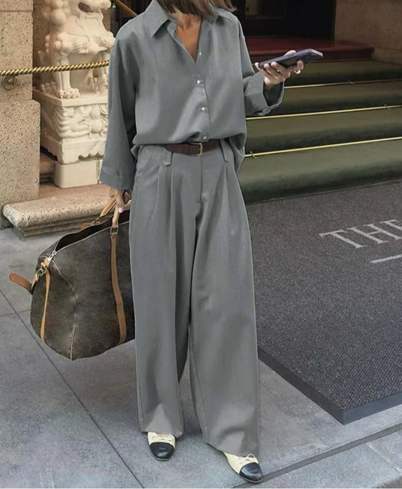 Grey Lapel Button Simple Trousers Office Two Piece Set