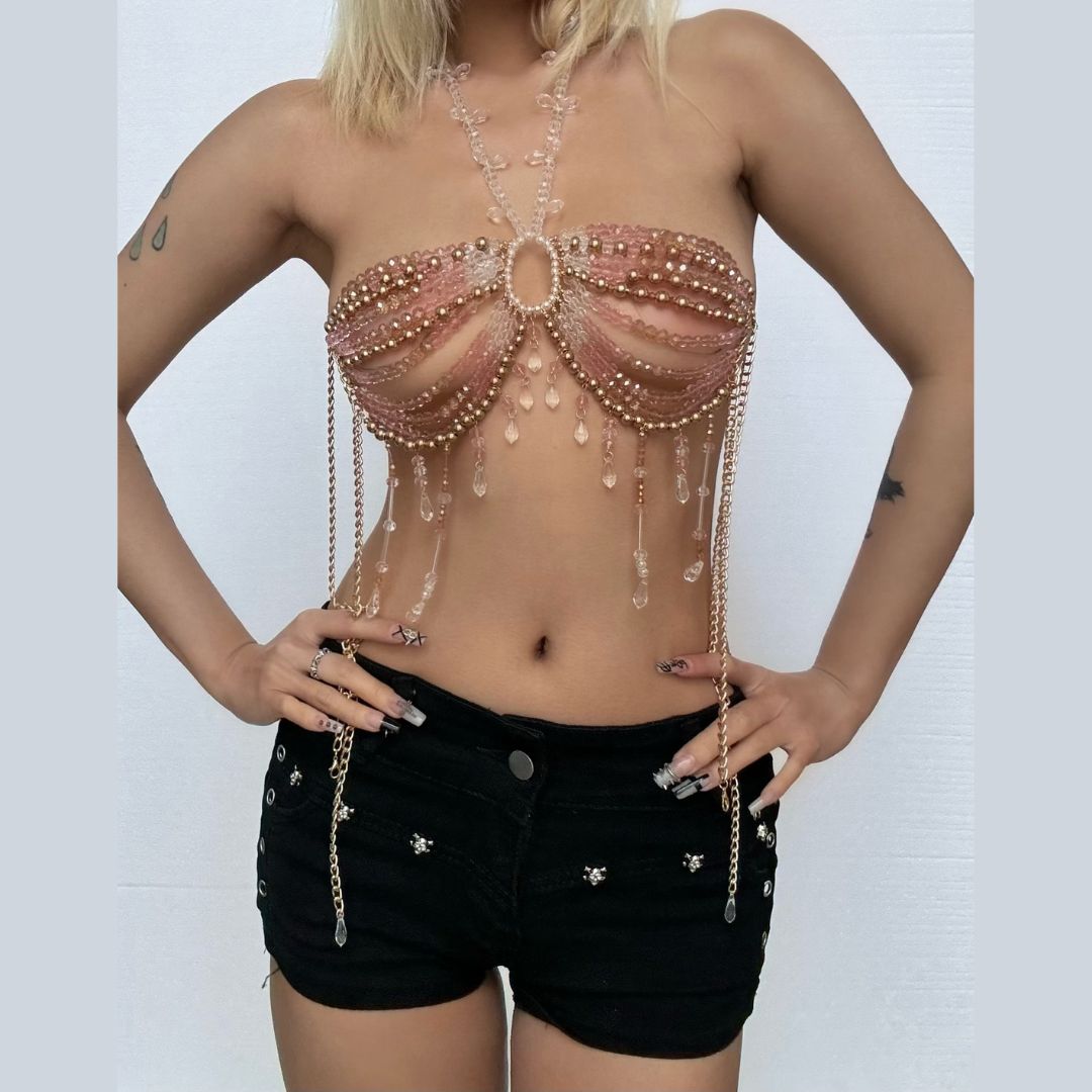 Halter crystal beaded tassels hollow out crop cut out top